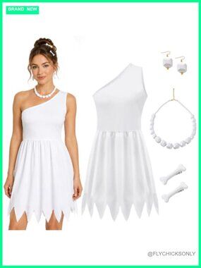 Women Halloween Cavewoman Cosplay Costume Set Dress Necklace Earrings
